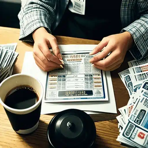 Vertical shot of a person sitting at a table surrounded by stacks of lottery tickets and a cup of co 920256839